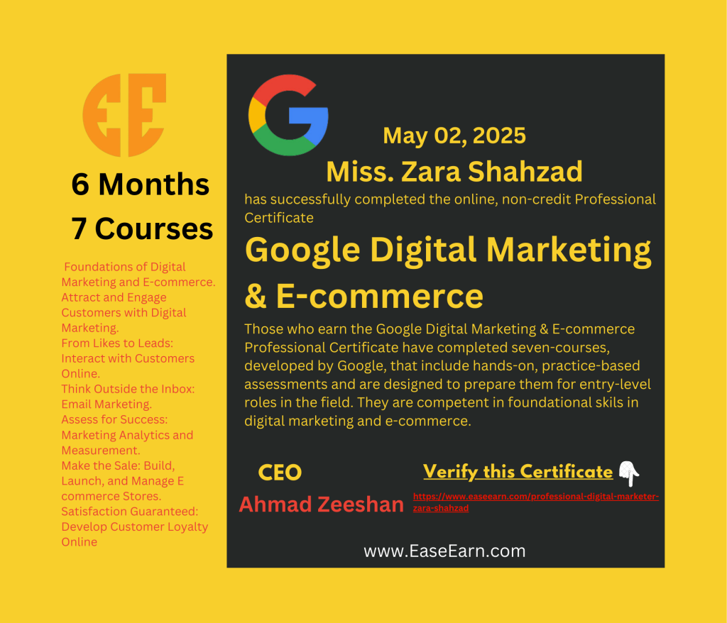 Zara Shahzad Certificate for Ease Earn